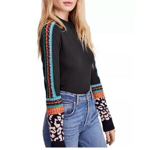 Free People Black Multicolor Knit Sleeve Blouse
